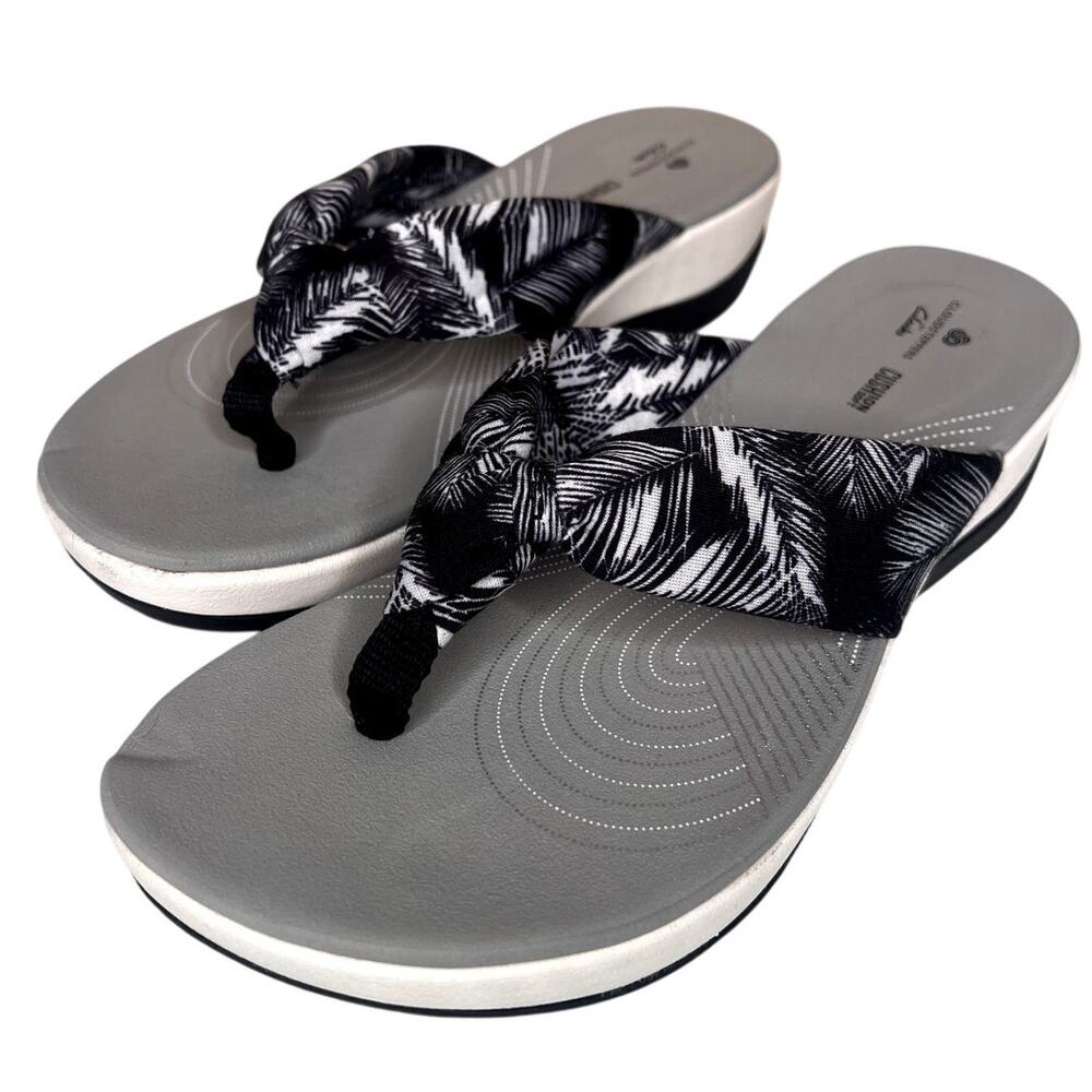 Clarks Cloudsteppers Arla Glison Flip Flops Black White Palm Wedge 9 NWOB